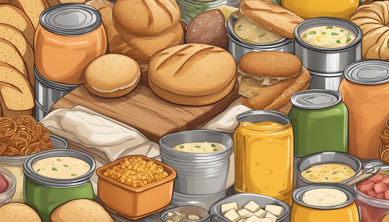 A pile of bread rolls surrounded by high-sodium foods like canned soup, deli meats, and cheese