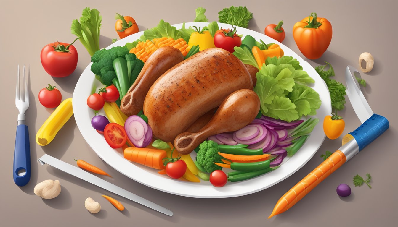 A plate of turkey sausage surrounded by colorful vegetables and a measuring tape, symbolizing a healthy, high-protein, low-carb diet