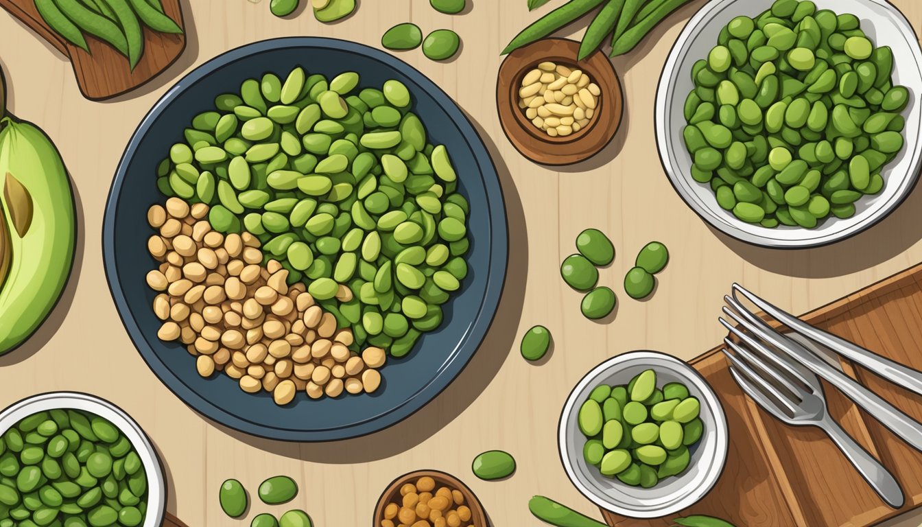 A bowl of edamame surrounded by other high protein, low carb foods on a wooden table