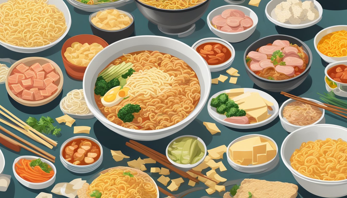 A steaming bowl of instant noodles surrounded by high-sodium foods like canned soup, deli meats, and cheese