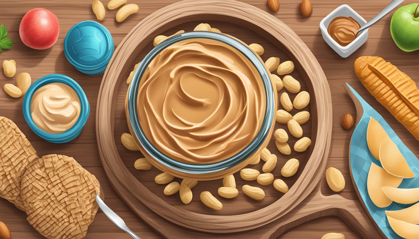 A jar of peanut butter surrounded by various high protein, low carb foods on a wooden cutting board