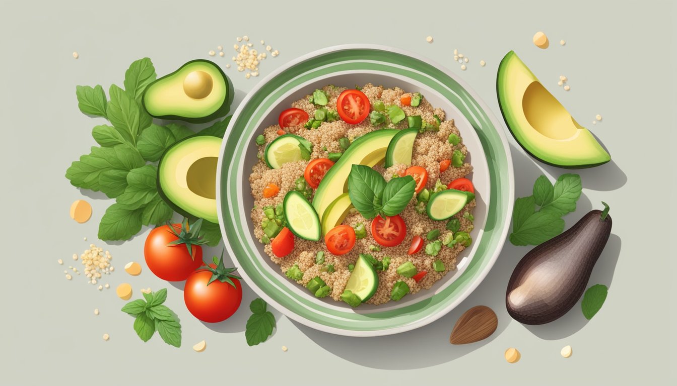 A colorful bowl of quinoa salad surrounded by fresh ingredients like tomatoes, cucumbers, and avocado