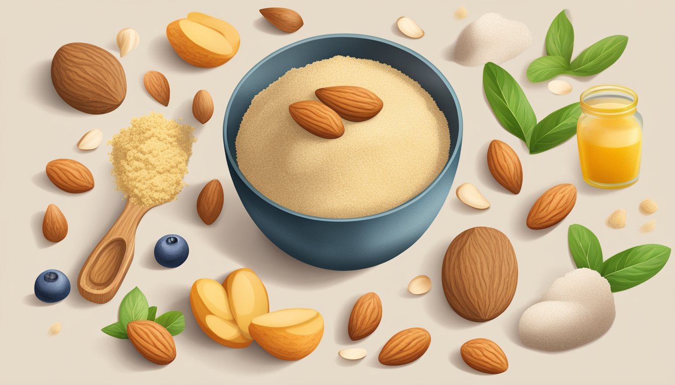 A bowl of almond flour surrounded by 15 different high fiber, low carb foods, arranged in a balanced diet composition