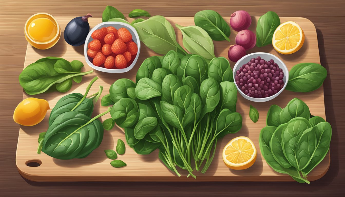 A colorful array of fresh spinach leaves, alongside other vitamin B6-rich foods, arranged on a wooden cutting board