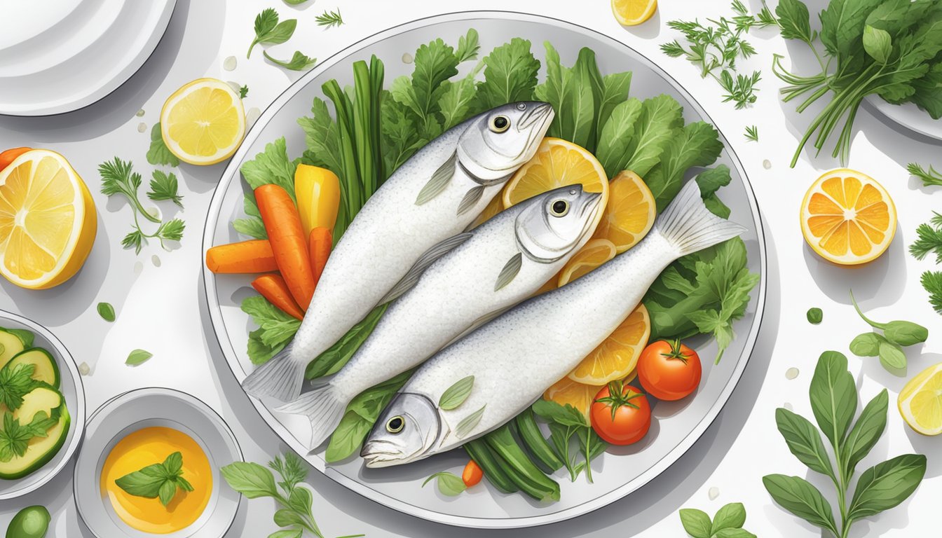 A plate of white fish fillets surrounded by colorful vegetables and herbs on a clean, modern kitchen countertop