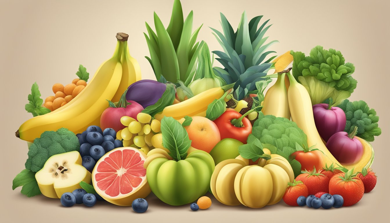 A colorful assortment of fruits and vegetables, with a prominent banana, surrounded by other foods rich in vitamin B6