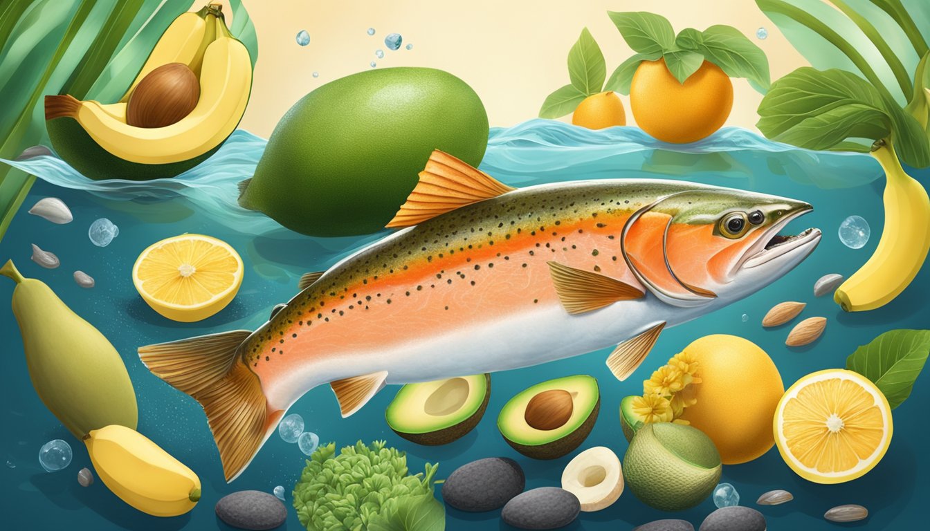 A vibrant salmon swimming among a variety of vitamin B6 rich foods, such as bananas, avocados, and sunflower seeds, set against a backdrop of a healthy and active lifestyle