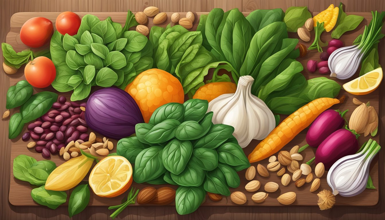 A colorful array of spinach, beans, nuts, and seeds on a wooden cutting board, surrounded by vibrant vegetables and fruits