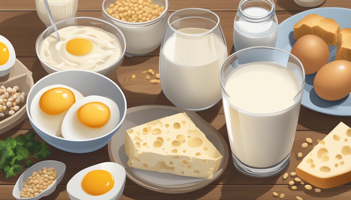 A glass of soy milk surrounded by 24 other high protein, low carb foods, such as eggs, tofu, and Greek yogurt, arranged on a wooden table