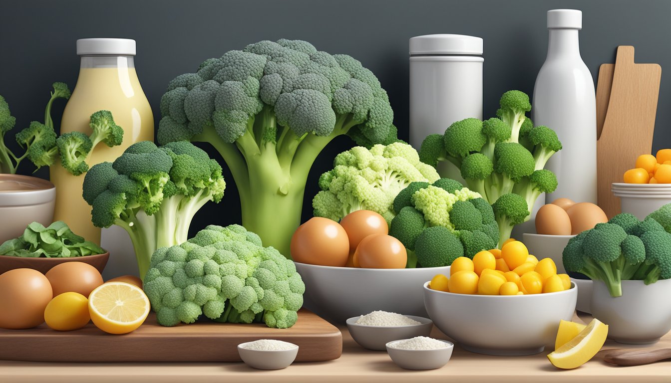 A colorful array of broccoli, along with other high protein, low carb foods, arranged on a clean, modern kitchen counter