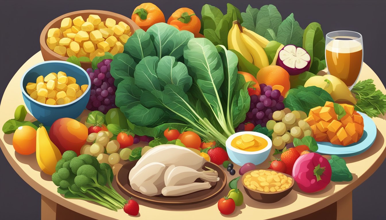 A table with a variety of foods including turkey, bananas, and spinach, surrounded by colorful fruits and vegetables, with a bright spotlight shining on the vitamin-rich items