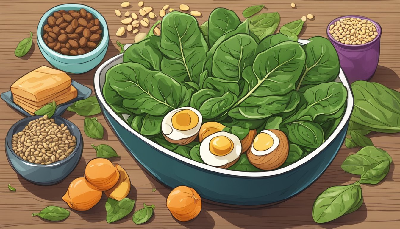 A bowl of vibrant spinach surrounded by other high protein, low carb foods on a wooden table