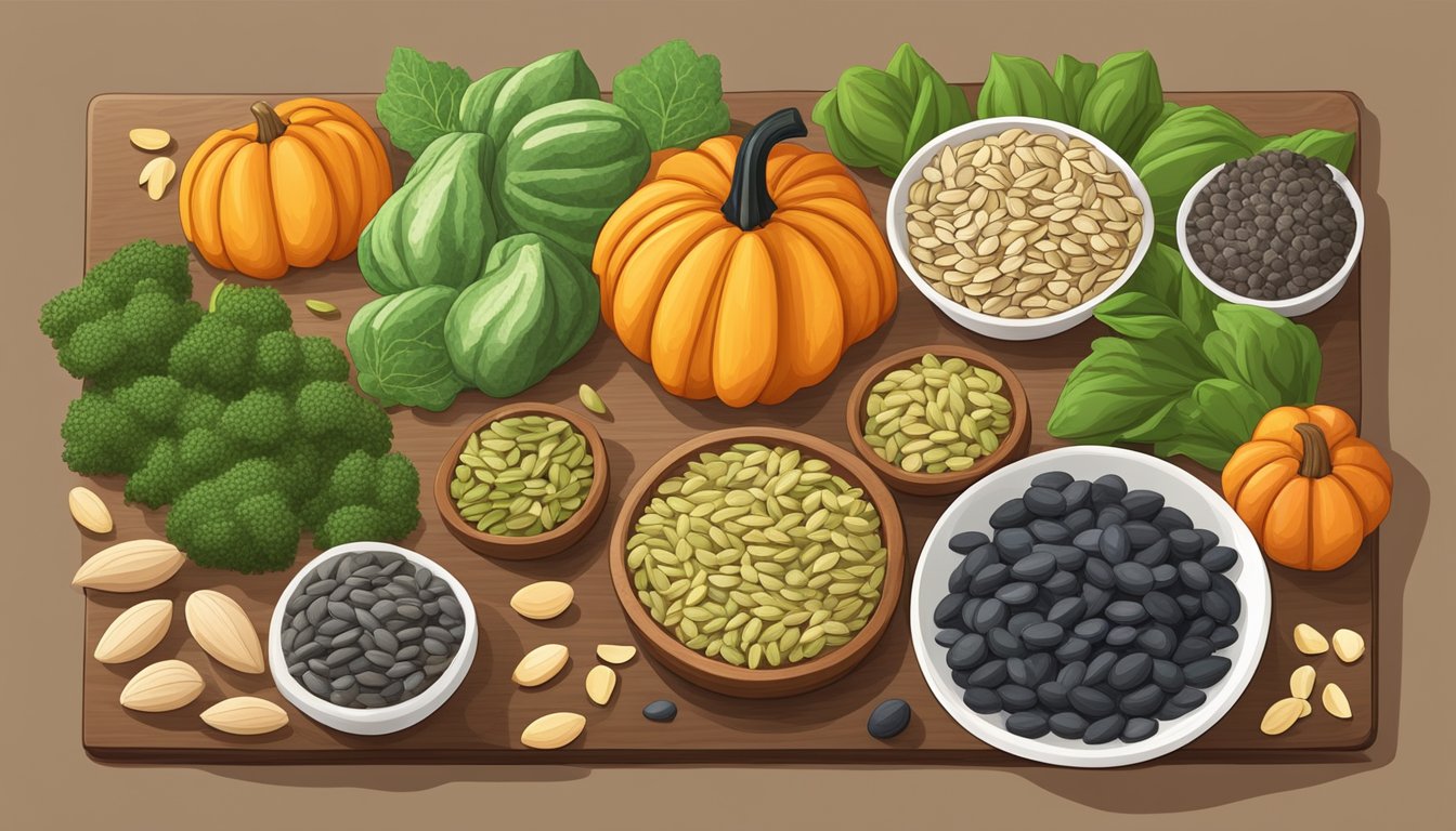 A colorful assortment of pumpkin seeds, almonds, and chia seeds arranged on a wooden cutting board, surrounded by fresh fruits and vegetables