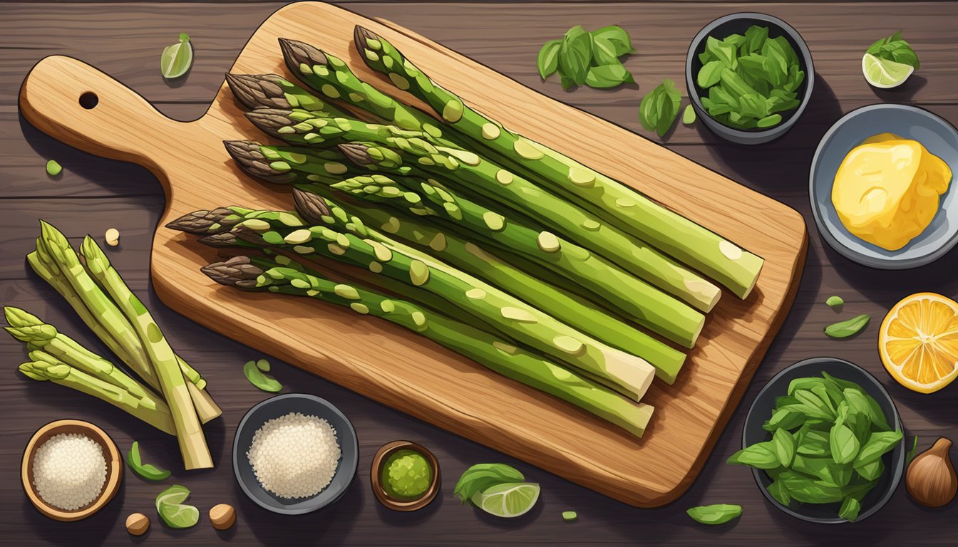 A colorful array of asparagus, along with other high fiber and low carb foods, arranged on a wooden cutting board