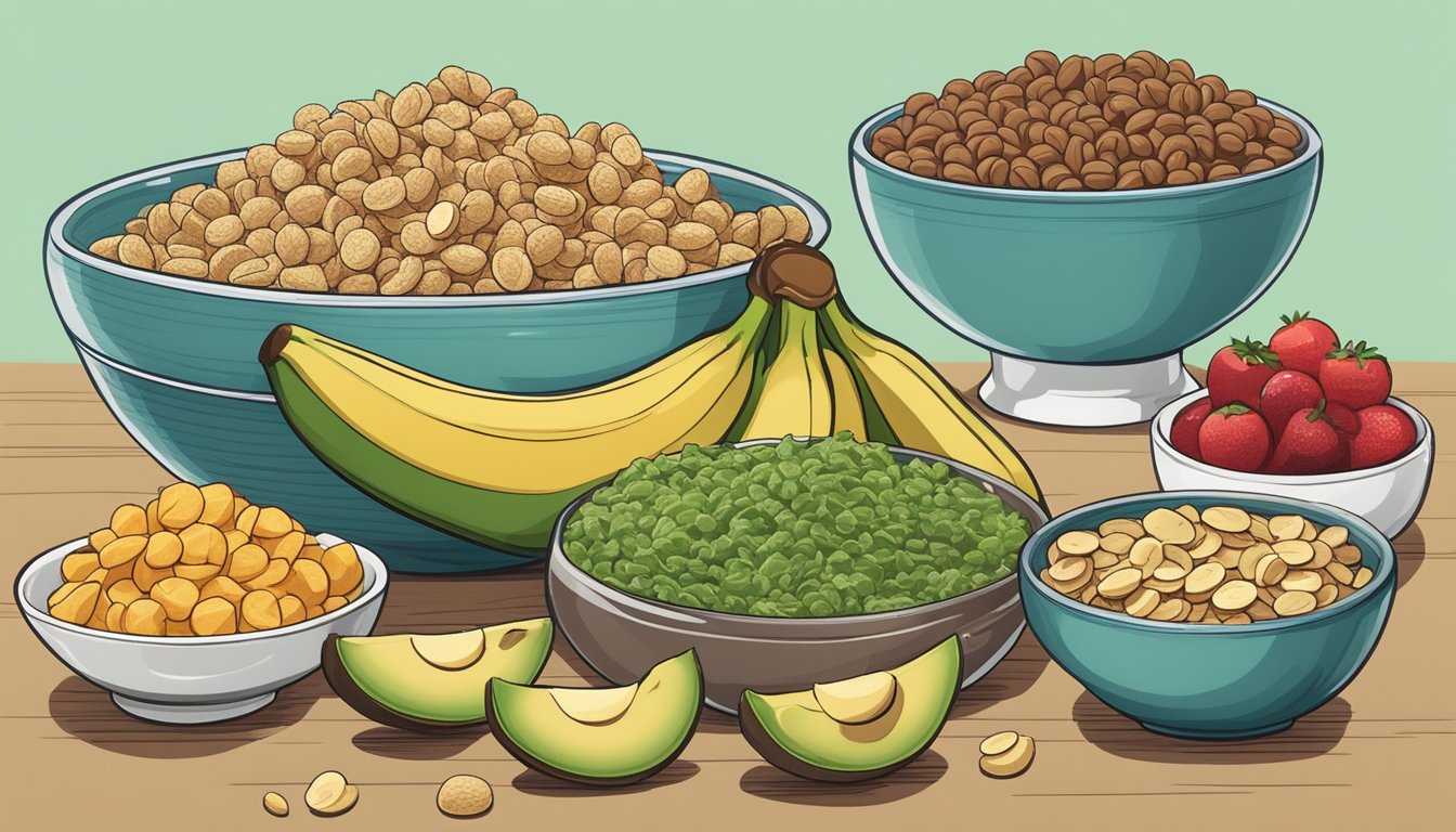 A bowl of fortified cereal surrounded by 10 different foods rich in vitamin B6, such as bananas, avocados, and spinach, arranged on a table