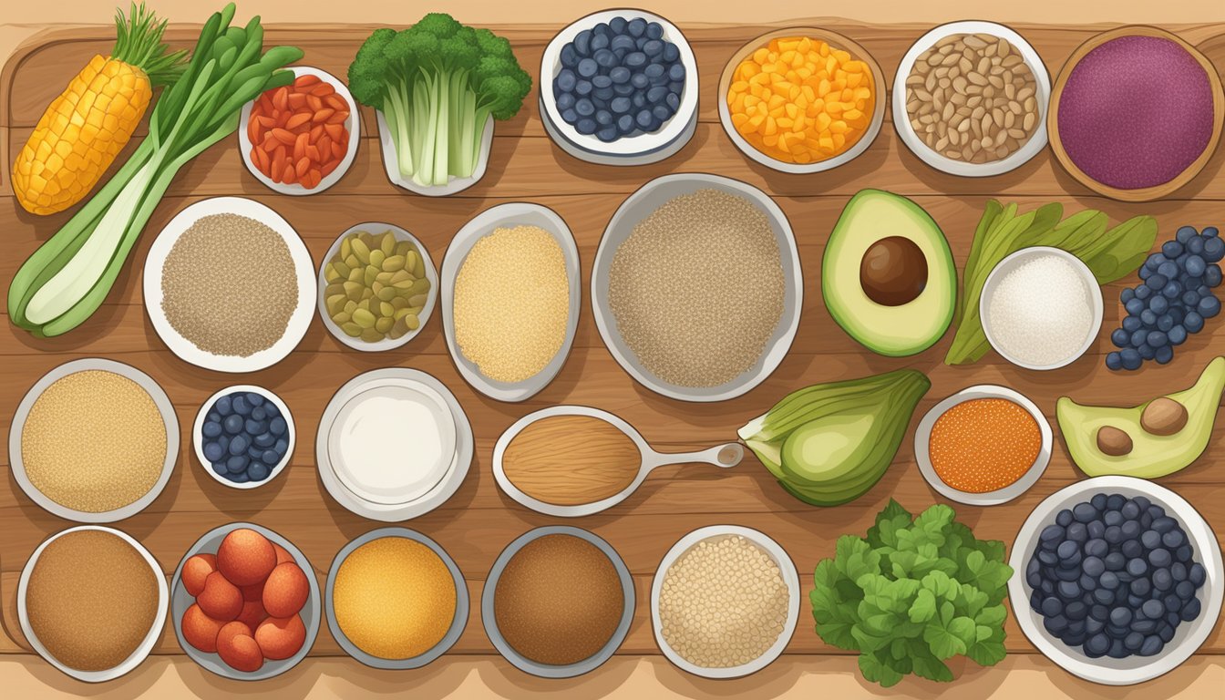 A colorful array of 15 high fiber, low carb foods, including psyllium husk, arranged on a wooden cutting board