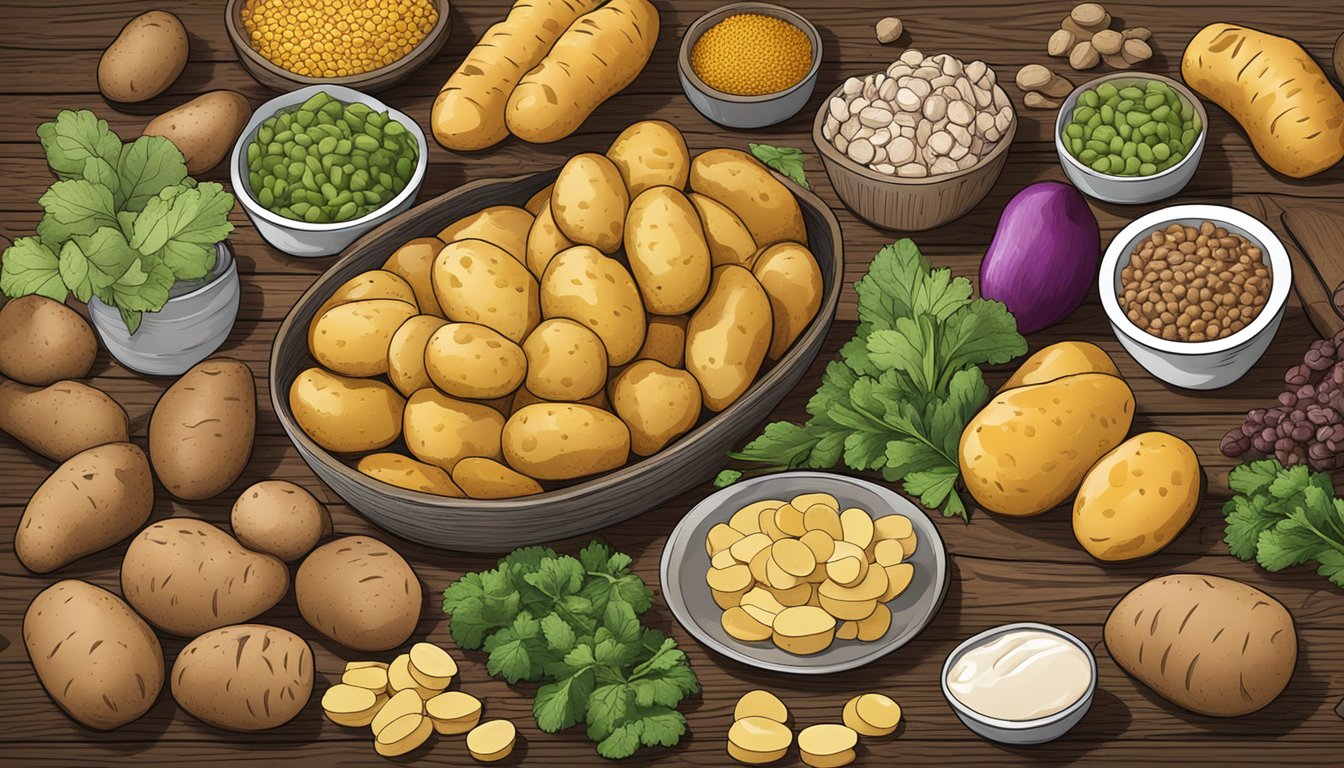 A colorful array of whole and sliced potatoes, surrounded by other vitamin B6-rich foods, arranged on a rustic wooden table