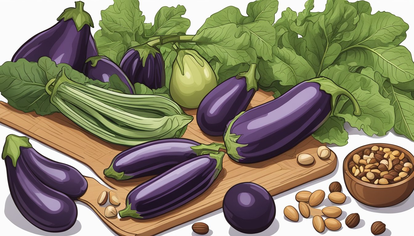 A colorful array of eggplants, beans, nuts, and leafy greens on a wooden cutting board, surrounded by measuring cups and a nutrition guide