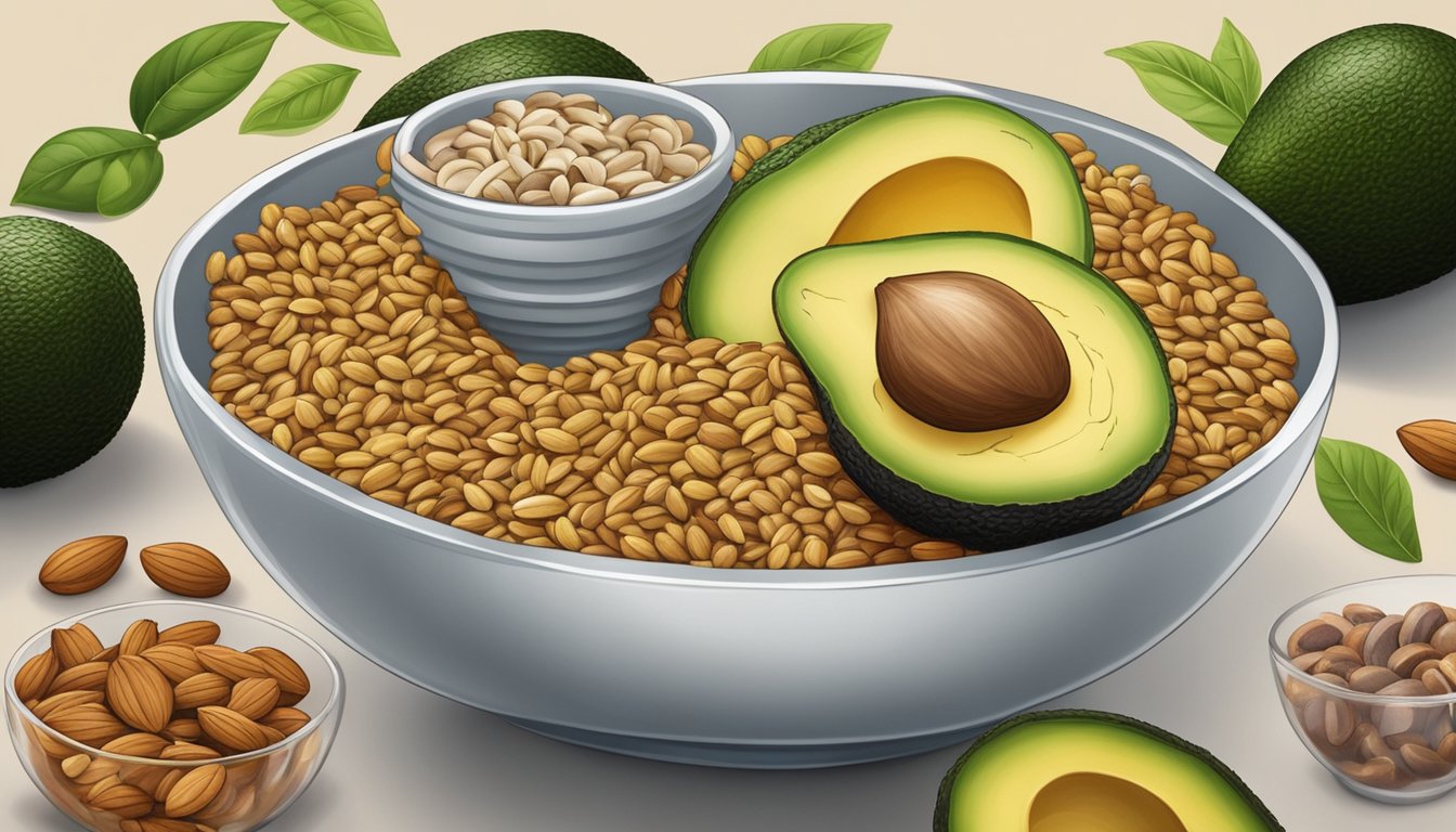 A bowl of flaxseeds surrounded by avocados, nuts, and fish