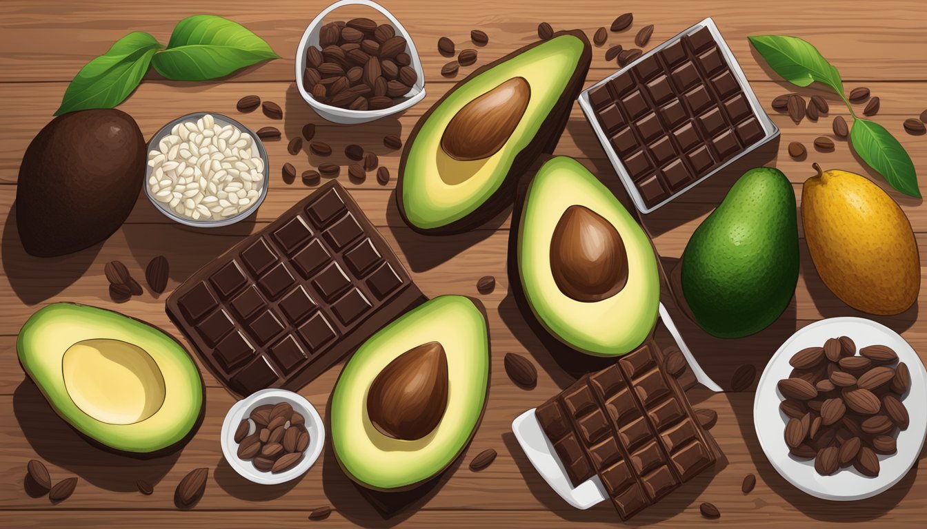 A spread of nutrient-dense foods, including dark chocolate (70% cocoa or higher), arranged on a wooden table, surrounded by avocados, nuts, and seeds