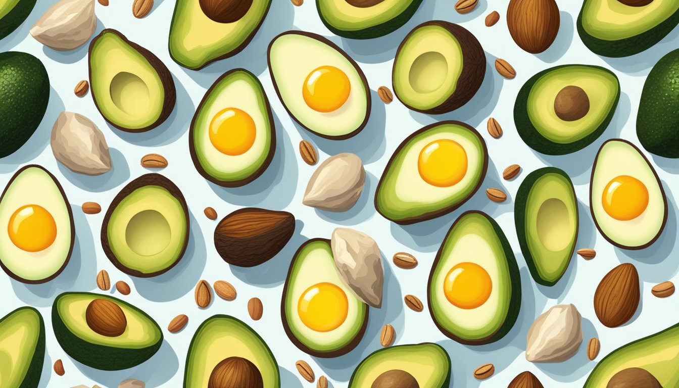 A dozen eggs arranged in a circular pattern, surrounded by avocados, nuts, and seeds. Sunlight illuminates the scene, highlighting the rich, vibrant colors of the nutrient-dense foods