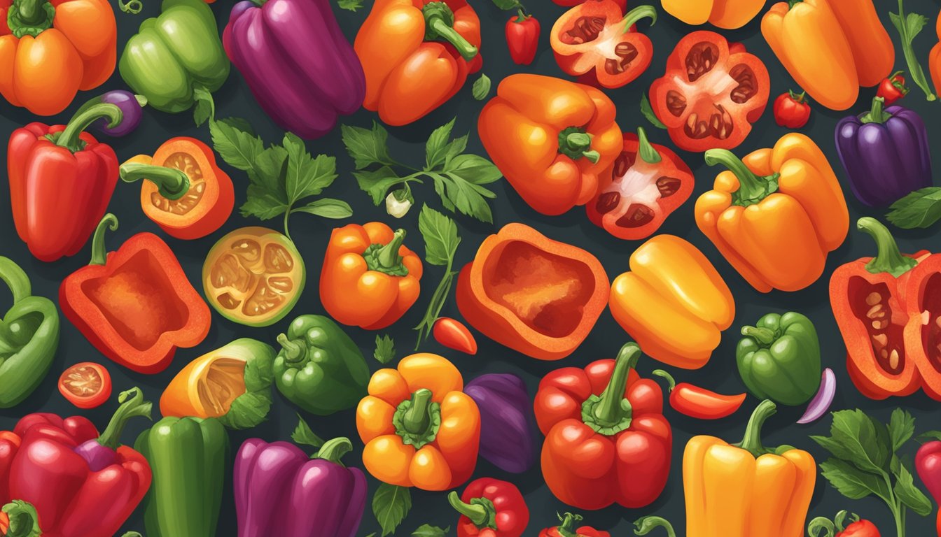 A vibrant display of red bell peppers surrounded by 14 other colorful, nutrient-dense foods rich in vitamin A