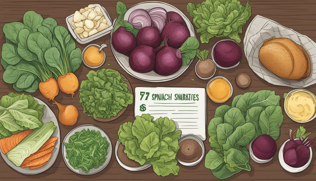 A table with various foods like spinach, arugula, and beets, surrounded by lettuce leaves and a small sign reading "7 foods surprisingly high in nitrates."