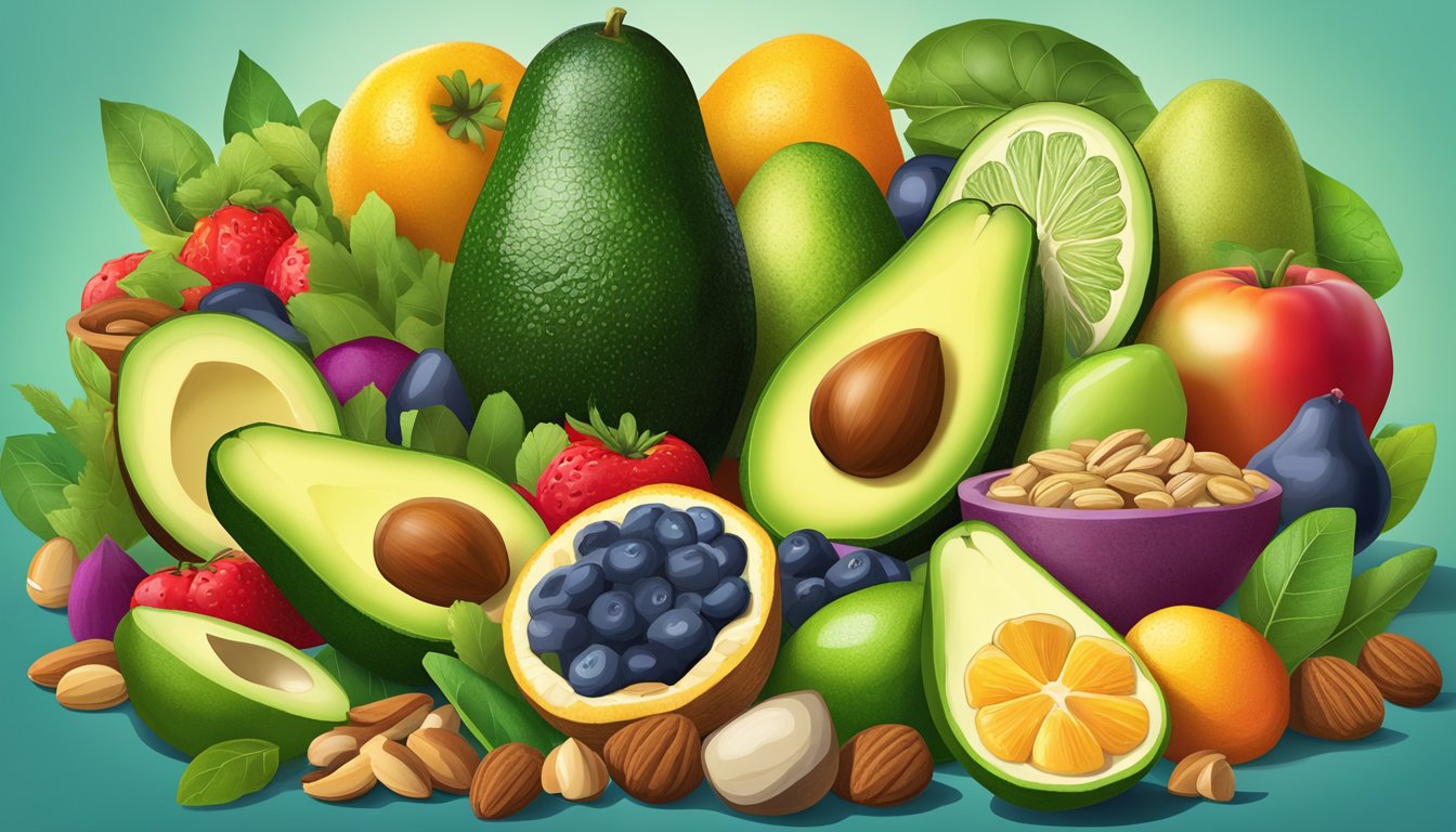 A colorful array of avocados, nuts, seeds, and fish, surrounded by vibrant fruits and vegetables, illustrating the importance of healthy fats in a balanced diet