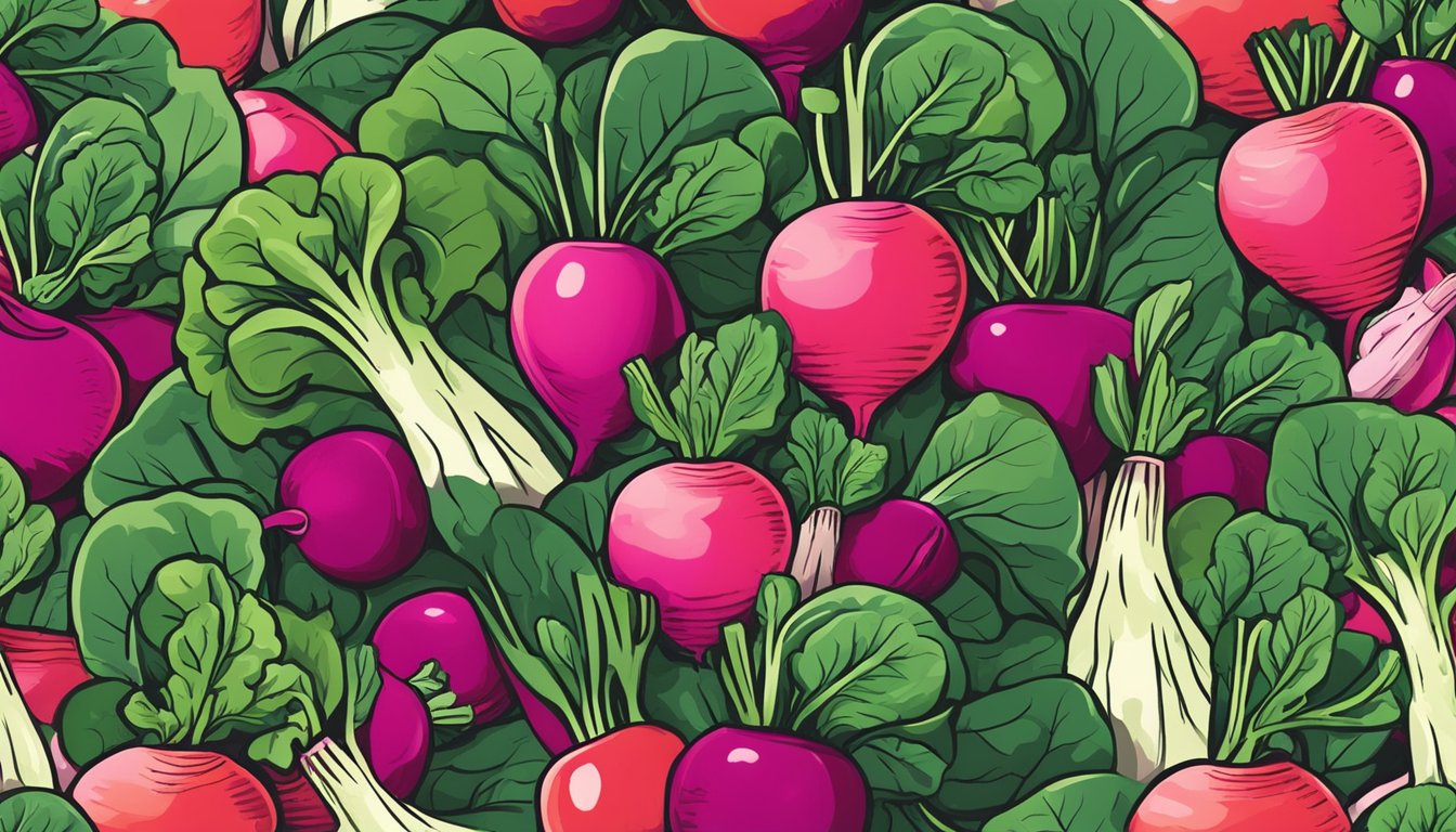 A vibrant bunch of radishes surrounded by other nitrate-rich foods like spinach and beets