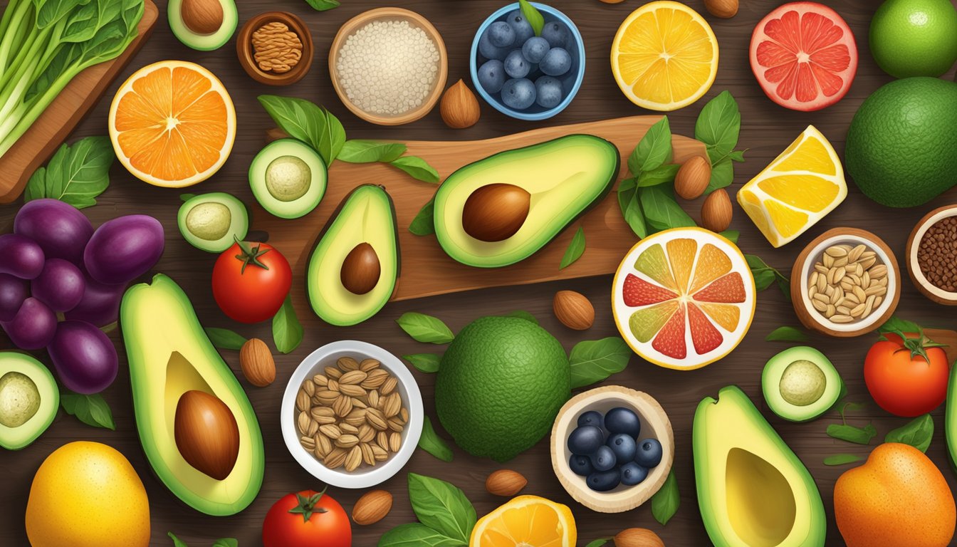 A variety of nutrient-dense foods arranged on a wooden cutting board, including avocados, nuts, seeds, and oily fish, surrounded by vibrant fruits and vegetables