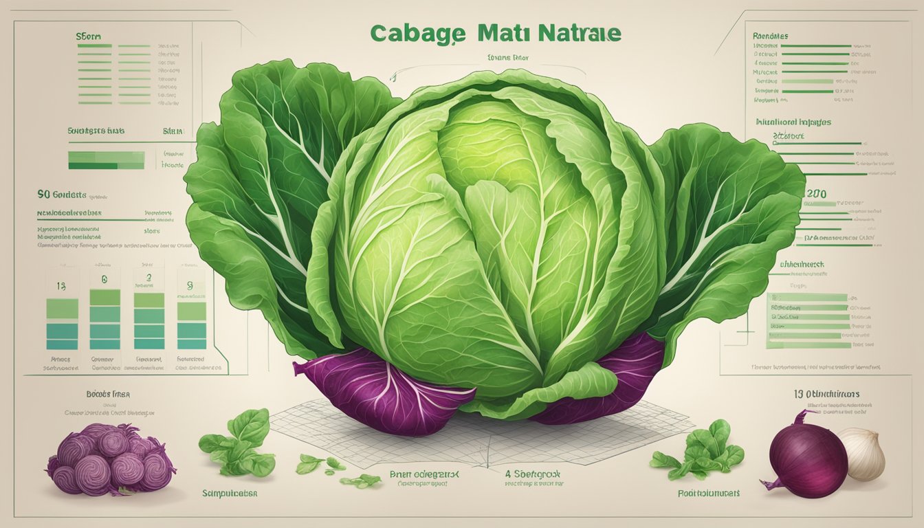 A vibrant cabbage surrounded by other nitrate-rich foods like spinach, arugula, and beets, with a scientific chart in the background