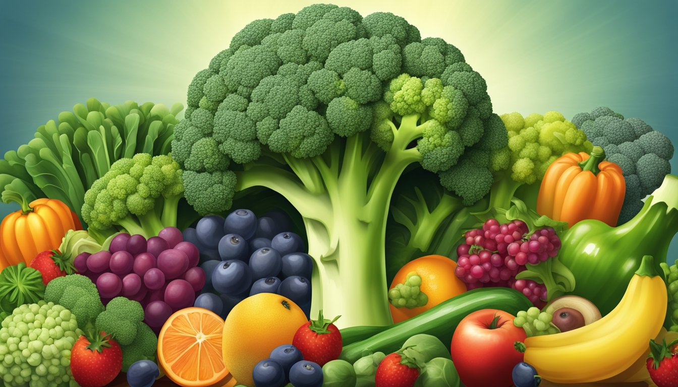 A vibrant head of broccoli surrounded by colorful fruits and vegetables, with a spotlight shining on it to emphasize its nutrient density and rich vitamin A content