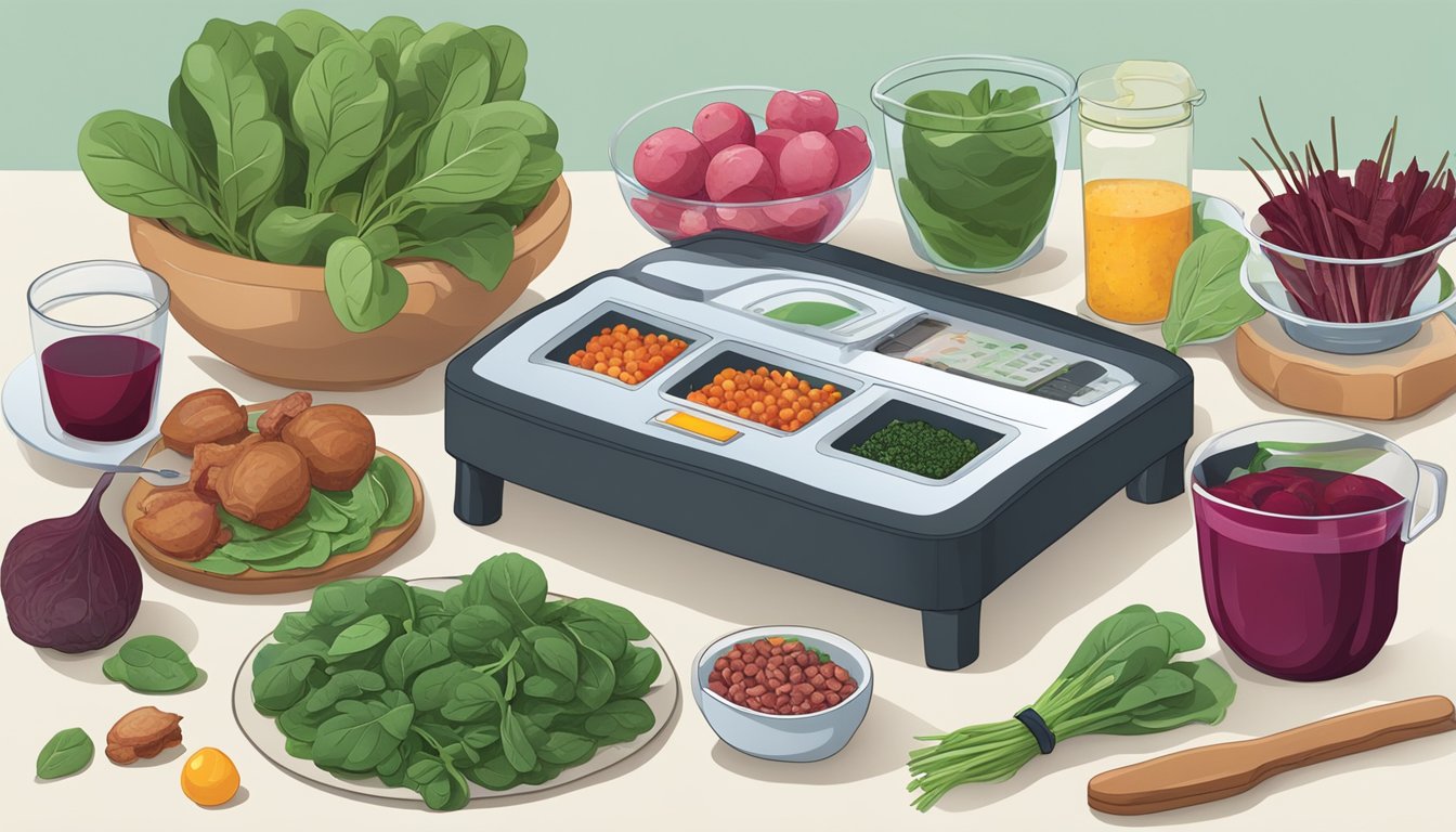 A table with various foods displayed, including spinach, beets, and bacon. A nitrate meter is shown measuring the high levels in each item