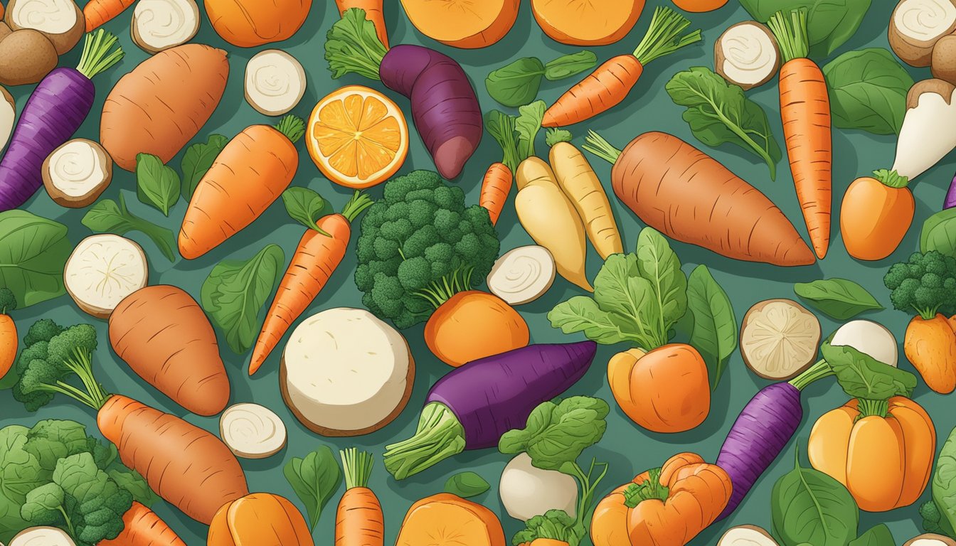 A colorful array of nutrient-dense foods, such as carrots, sweet potatoes, and spinach, arranged in a visually appealing manner to showcase their rich vitamin A content