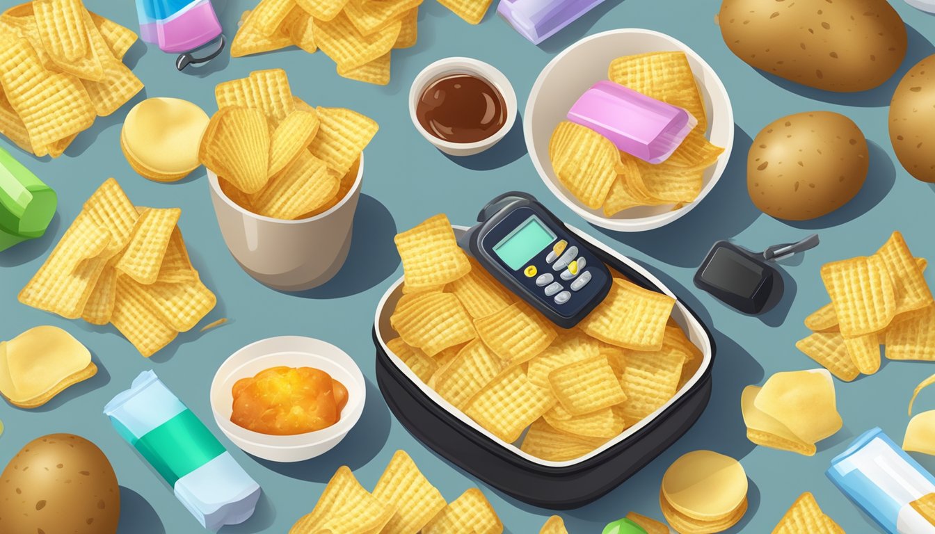 A bag of potato chips surrounded by sugary snacks and a blood sugar monitor