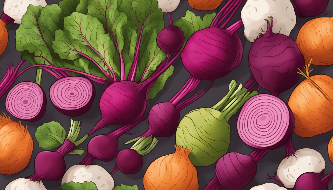 A vibrant beetroot surrounded by 14 other folate-rich foods