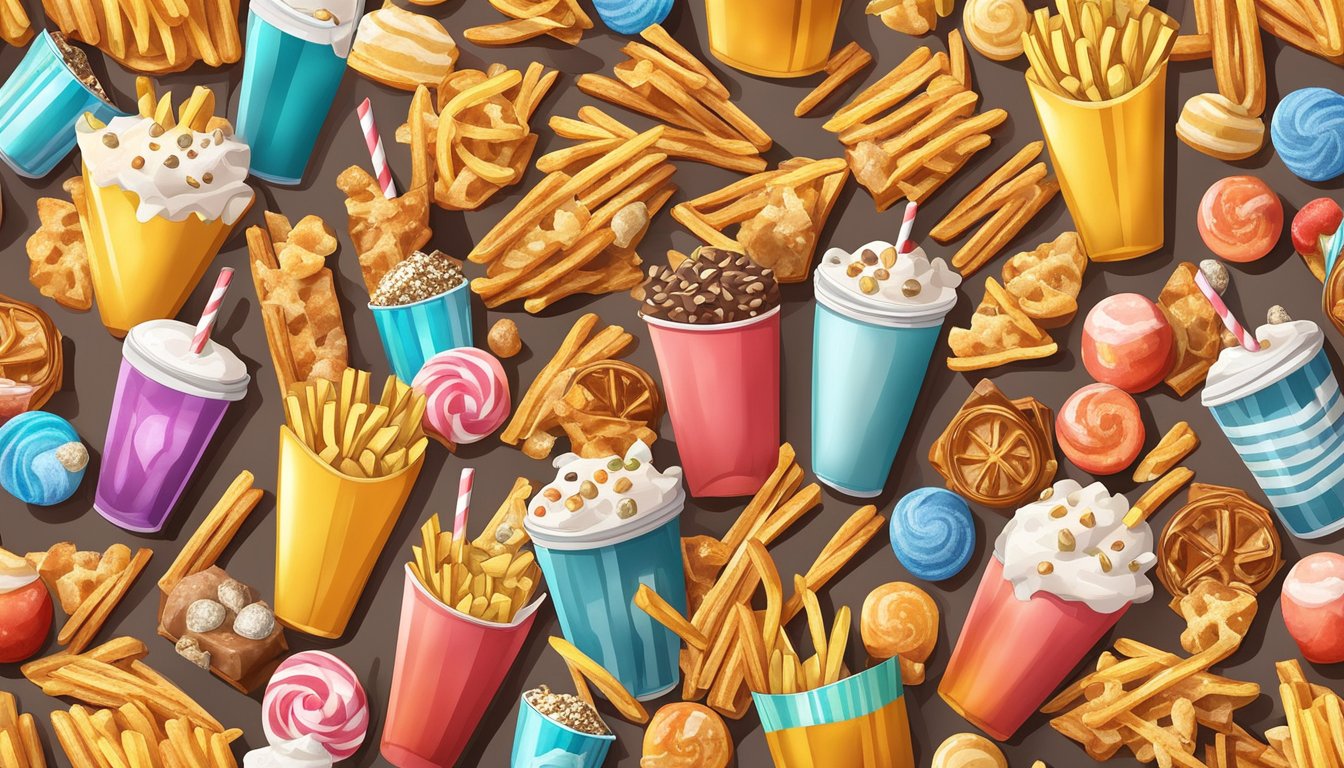 A pile of golden French fries surrounded by sugary treats like soda, candy, and pastries, all causing blood sugar spikes