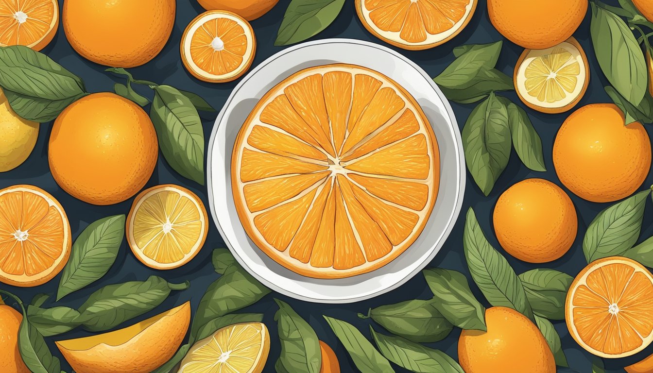 A bowl of oranges surrounded by other folate-rich foods