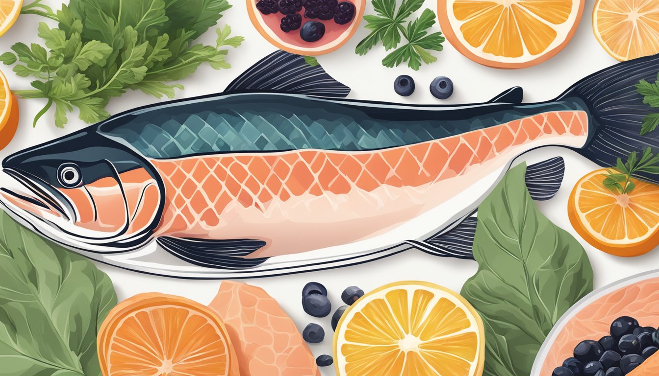 A vibrant salmon swimming among a variety of collagen-rich foods, such as bone broth, berries, and leafy greens, with a focus on skin and joint health