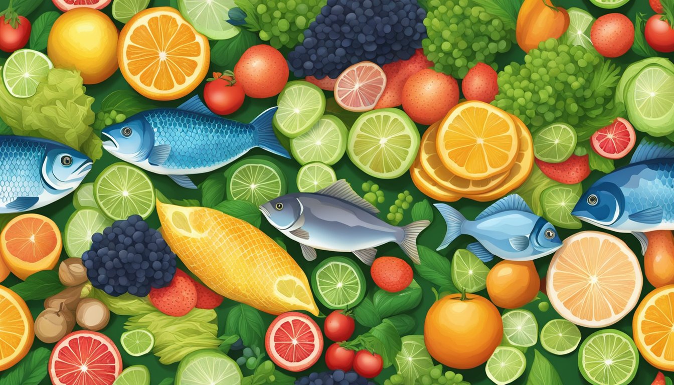 A colorful array of fish scales, fruits, and vegetables arranged on a wooden table, surrounded by vibrant green leaves and a clear blue sky in the background