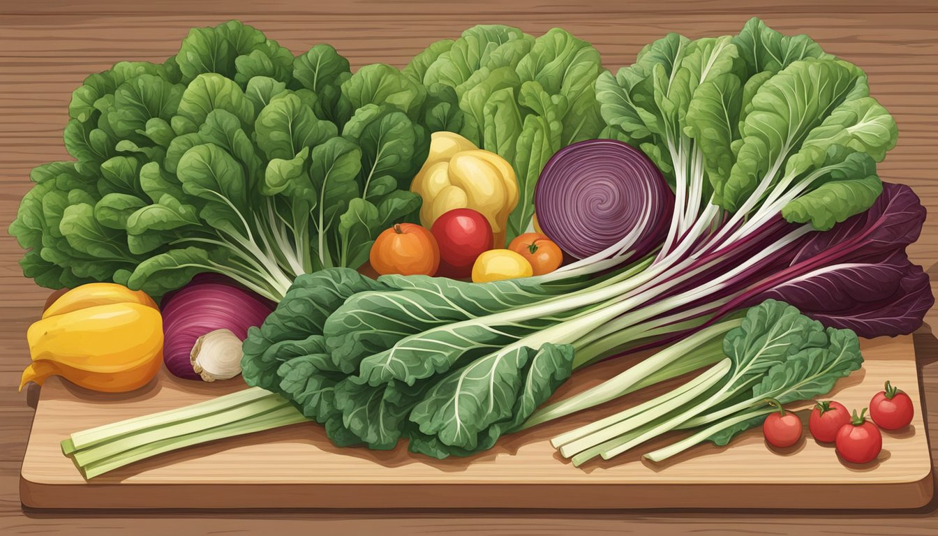 A colorful array of Swiss chard, along with other potassium-rich foods, arranged on a wooden cutting board