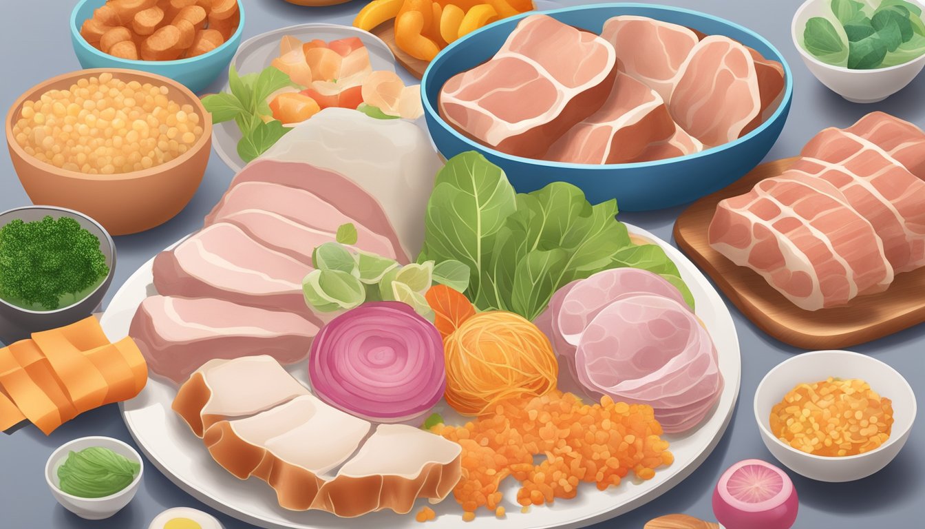 A plate of pork skin surrounded by colorful, collagen-rich foods, with a focus on skin health and joint function