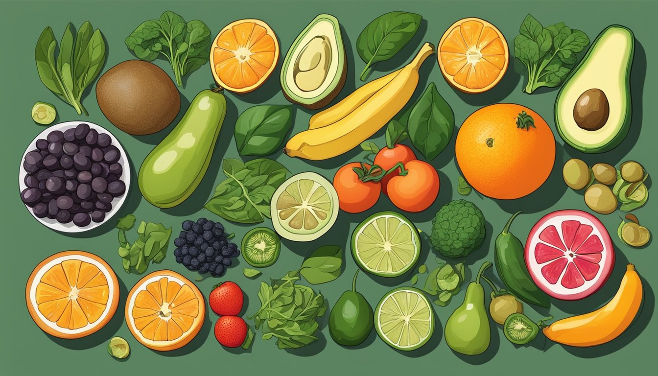 A colorful array of fruits, vegetables, and legumes spread out on a table, including spinach, avocado, lentils, and oranges