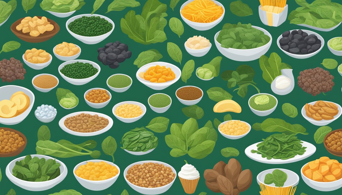 A colorful array of 15 iron-rich foods, including spinach, arranged in a visually appealing display