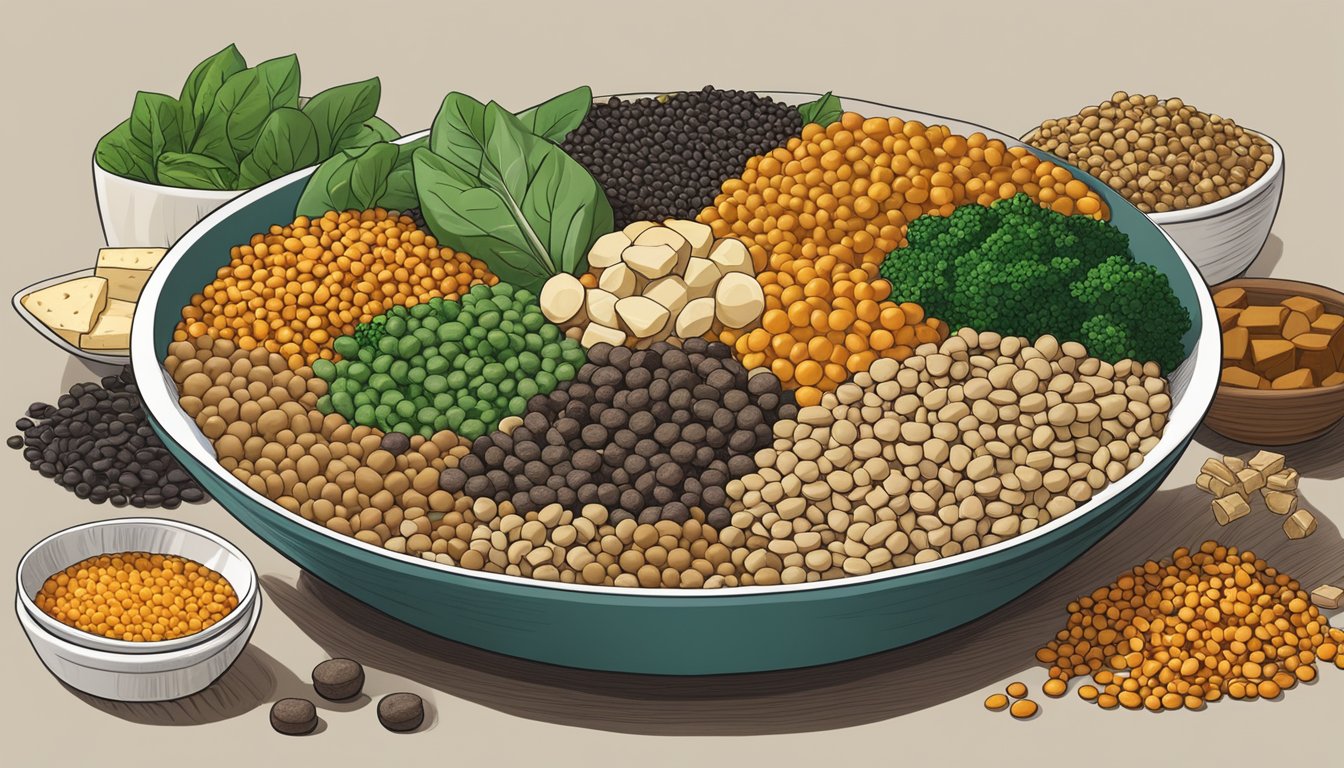 A bowl of lentils surrounded by other iron-rich foods like spinach, quinoa, and tofu, creating a visually appealing display of nutrient-rich options