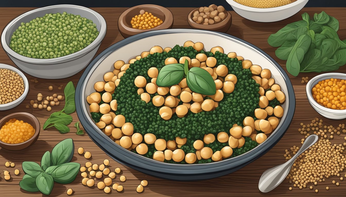 A bowl of chickpeas surrounded by other iron-rich foods like spinach, lentils, and quinoa on a wooden table