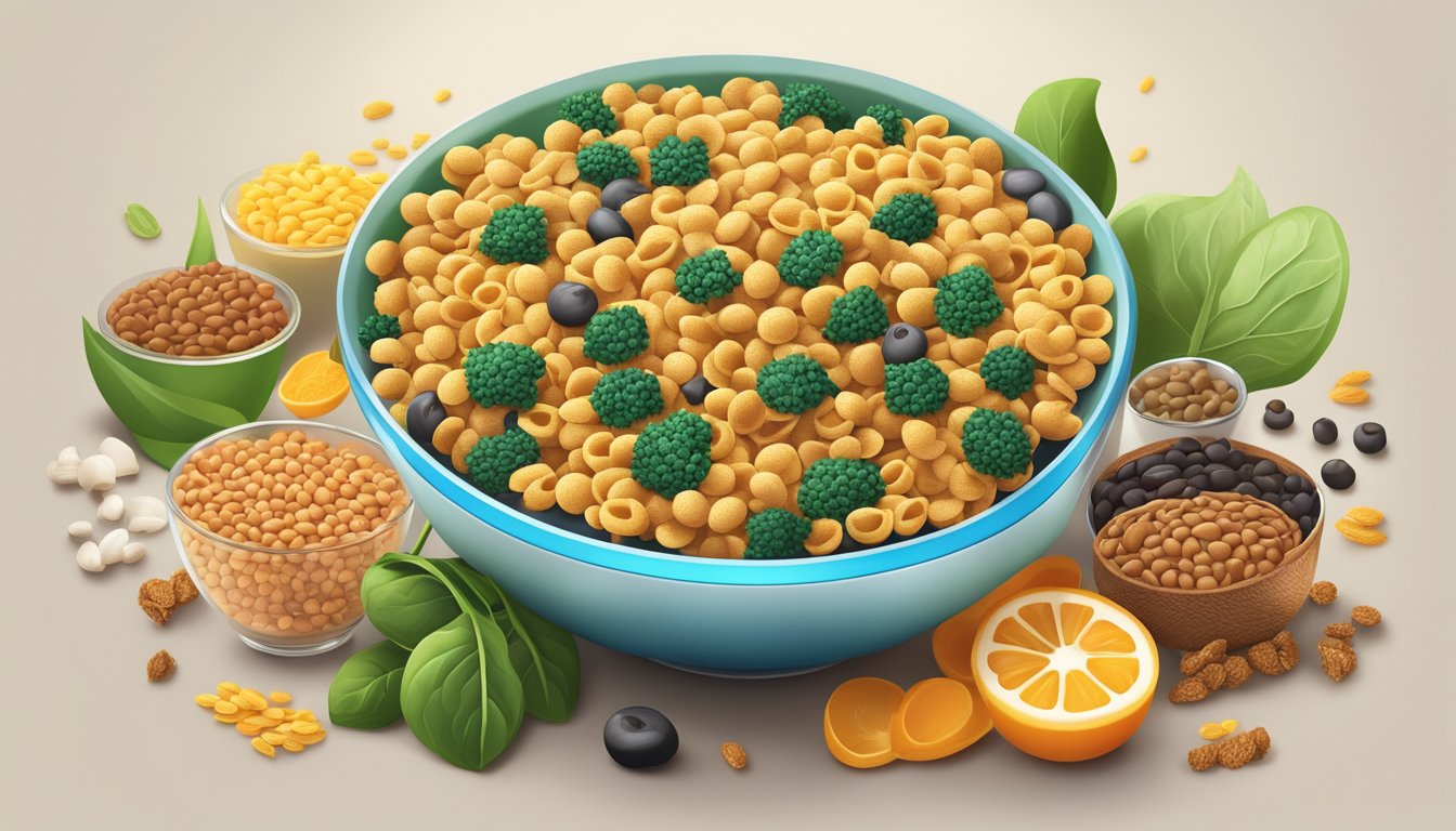 A bowl of fortified cereal surrounded by a variety of iron-rich foods such as spinach, lentils, and beef, creating a colorful and nutritious display