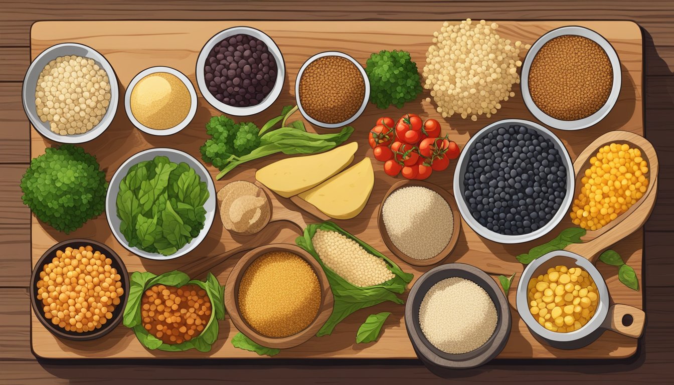 A colorful array of quinoa and other high protein foods arranged on a wooden cutting board