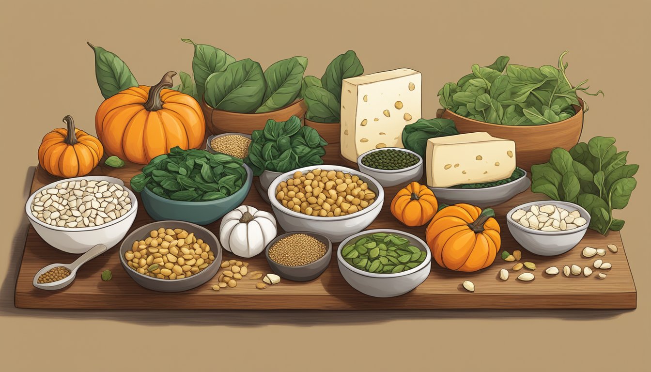 A colorful array of foods, including tofu, spinach, lentils, and pumpkin seeds, arranged on a wooden table