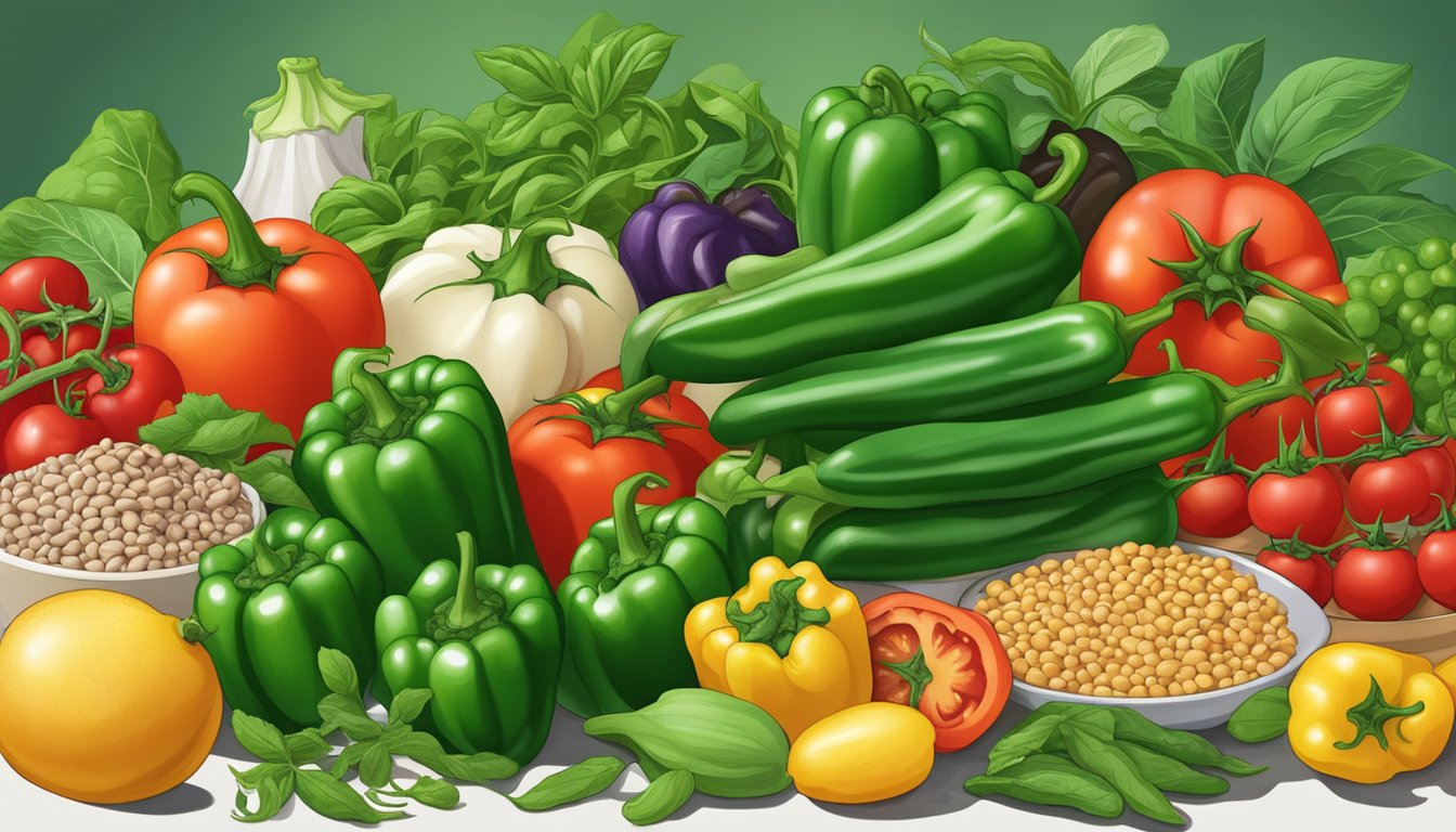 A pile of green peppers surrounded by other high-lectin foods like tomatoes, potatoes, and legumes